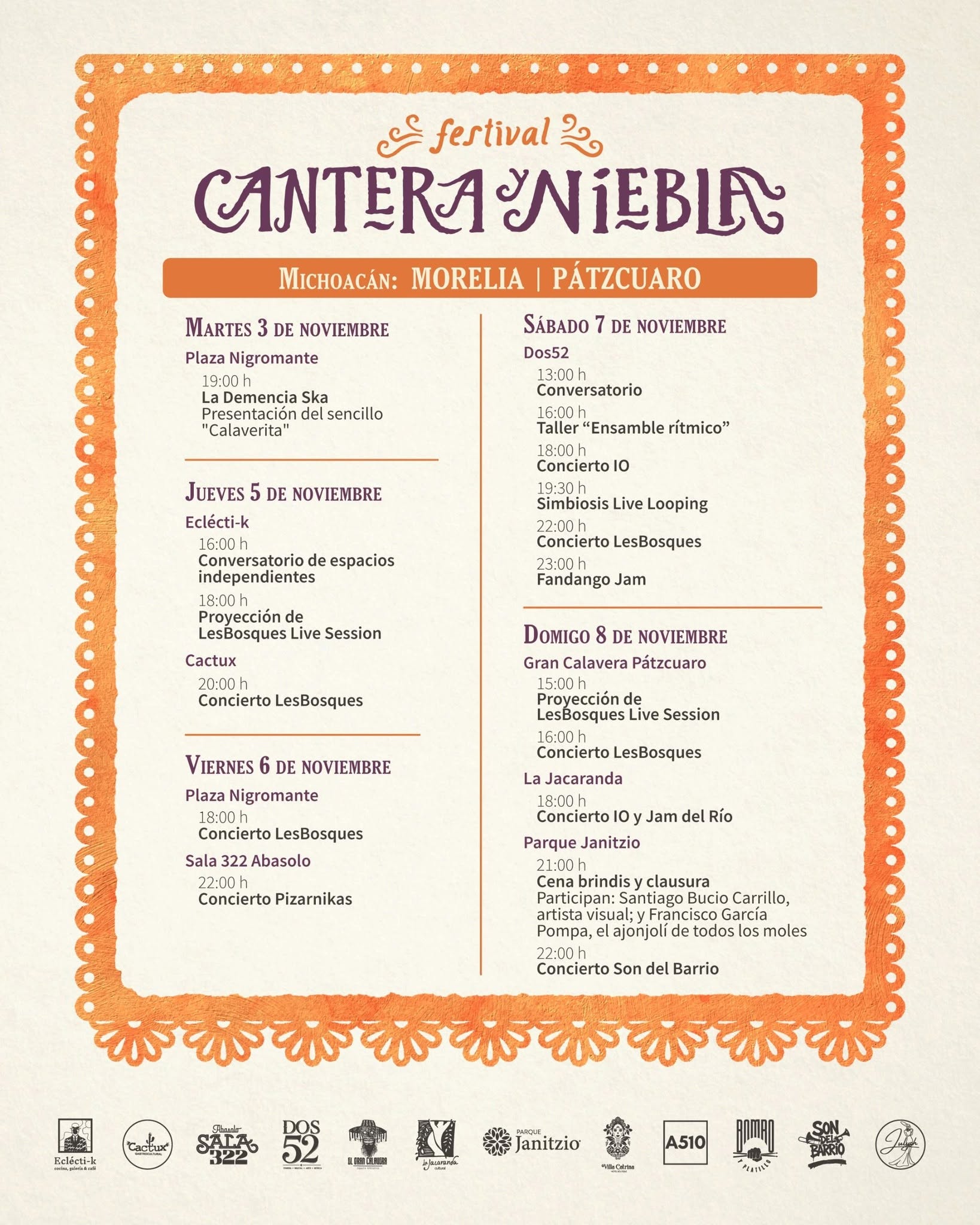 Programa de la etapa Michoacán del Festival Cantera y Niebla
